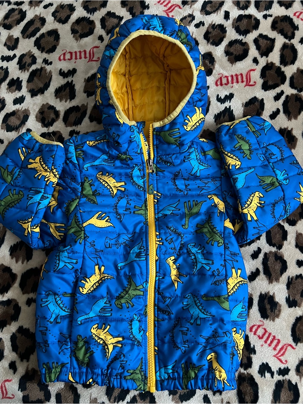 Cat & Jack Blue Dino Puffer Jacket with Yellow Lining